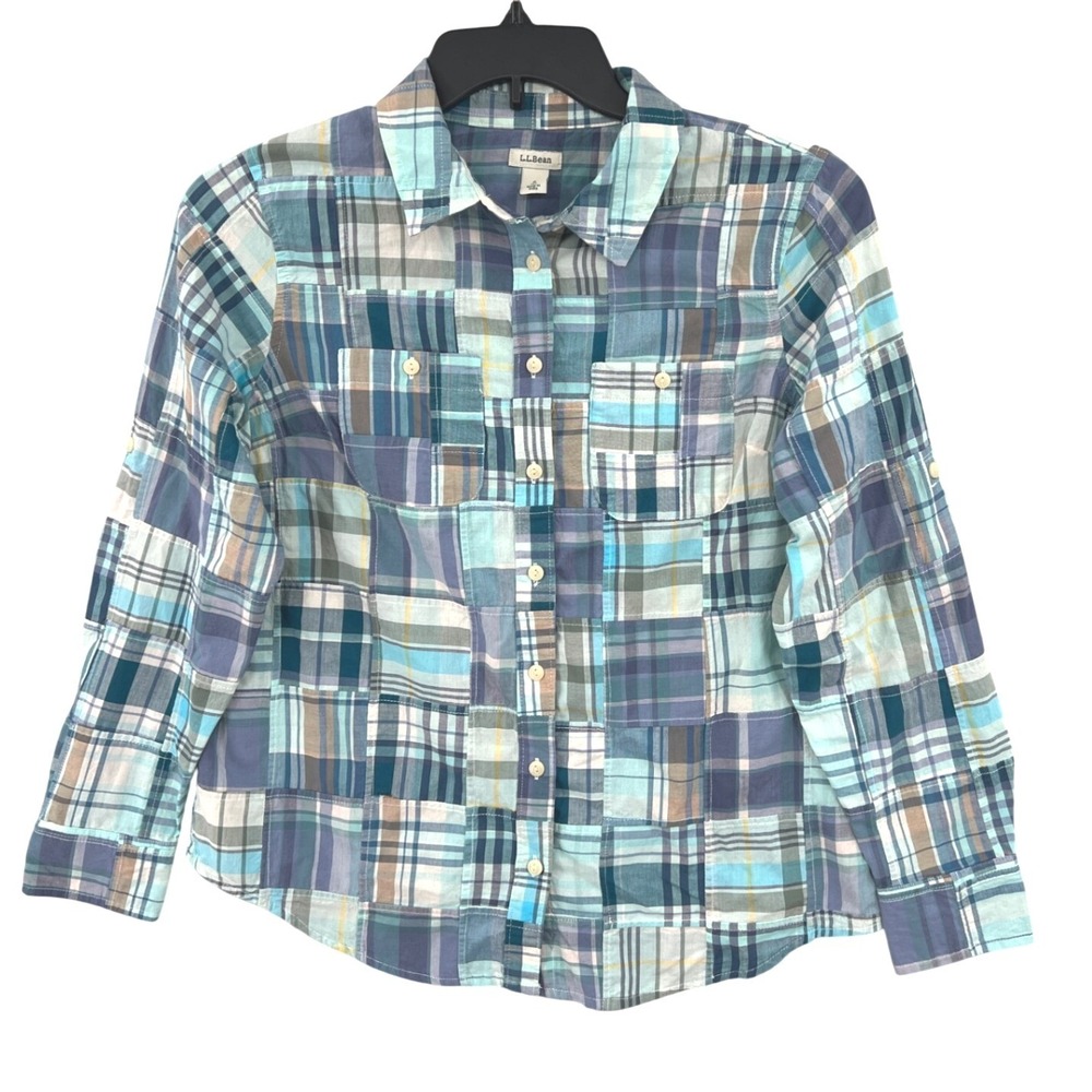 LL Bean Patchwork Plaid Button Down Size SP Teal Blue Coastal Cabin Core Shirt